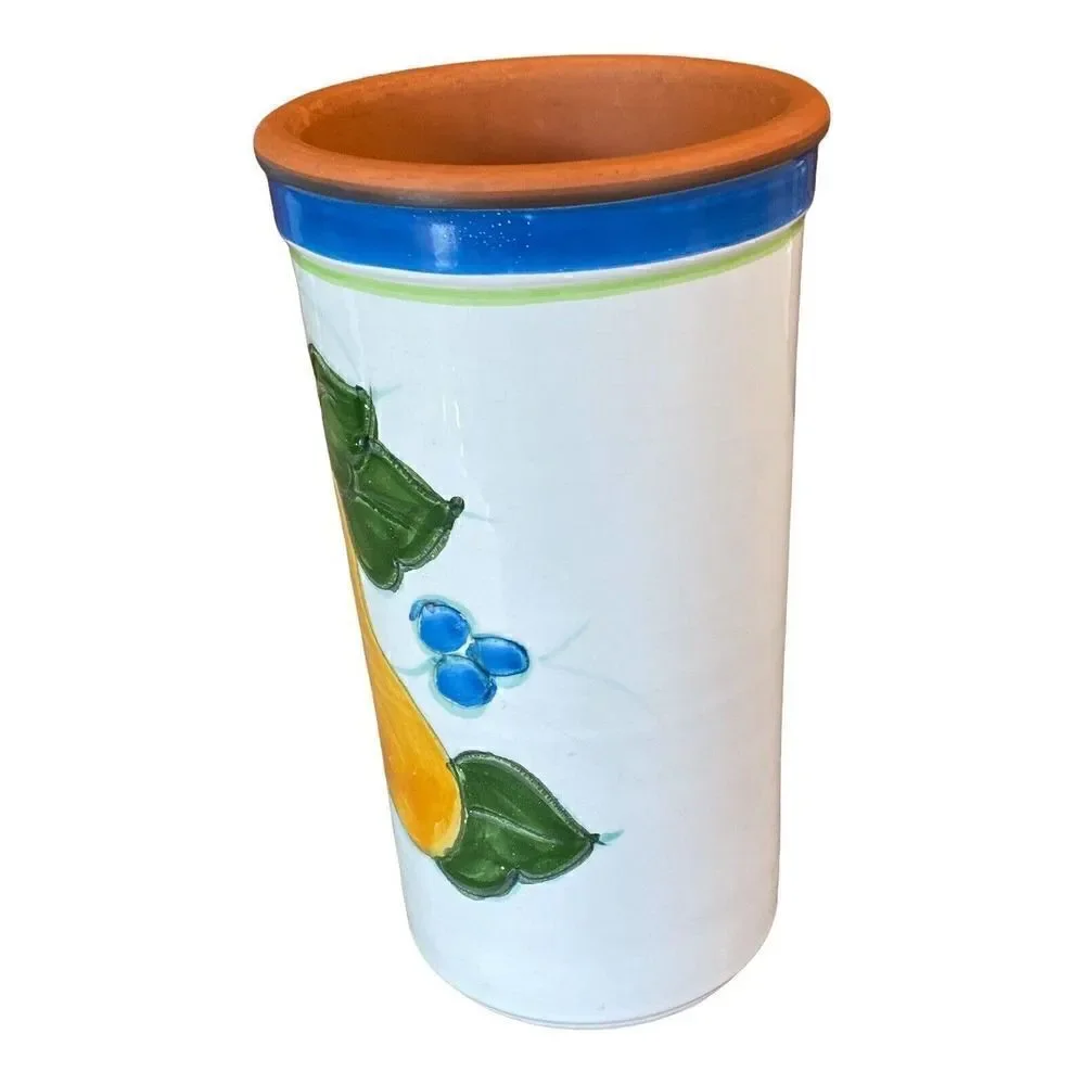 Vtg Italy Utensil Holder Wine Cooler Hand Painted Terracotta Floral Fruit 9.25